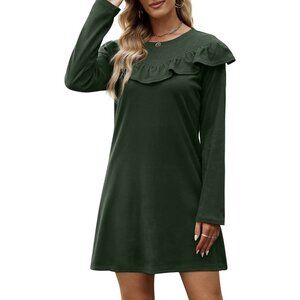 M New Washed Never Worn Olive Green Women's Long Sleeve Soft Casual Ruffle Dress